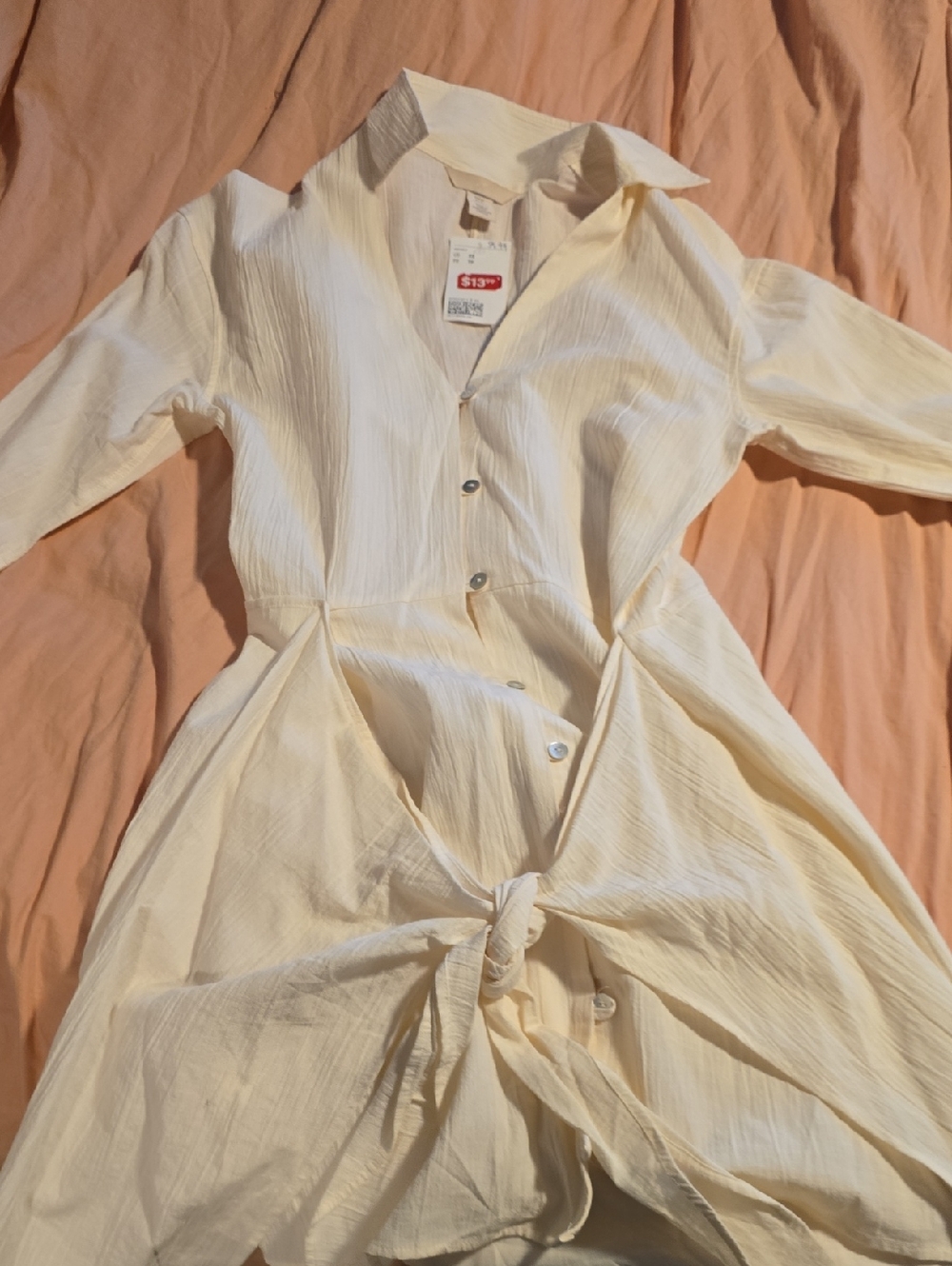 H&M Cream Long Sleeve Button-Front Dress with Tie Waist